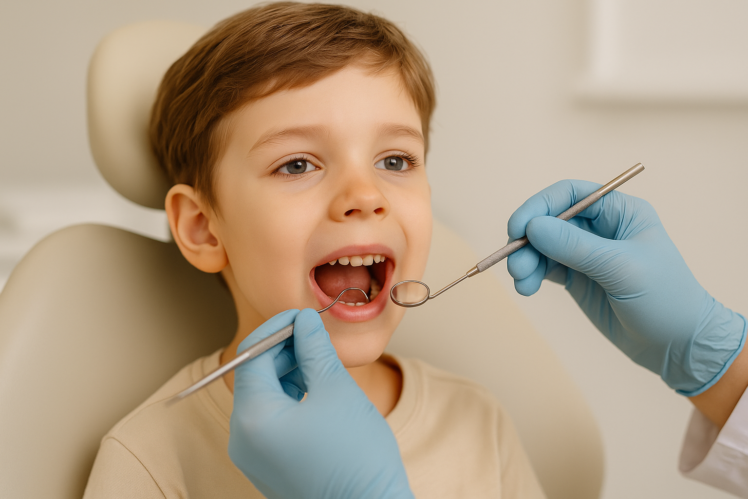 Niño en revisión dental con el odontopediatra